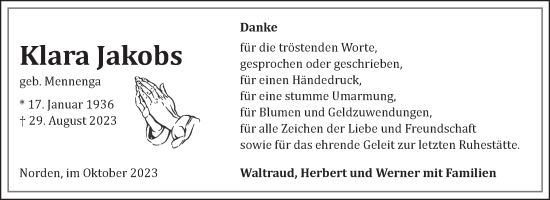 Traueranzeige von Klara Jakobs von Ostfriesischer Kurier GmbH