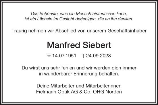 Traueranzeige von Manfred Siebert von Ostfriesischer Kurier GmbH