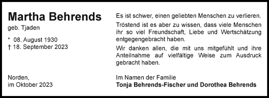 Traueranzeige von Martha Behrends von Ostfriesischer Kurier GmbH