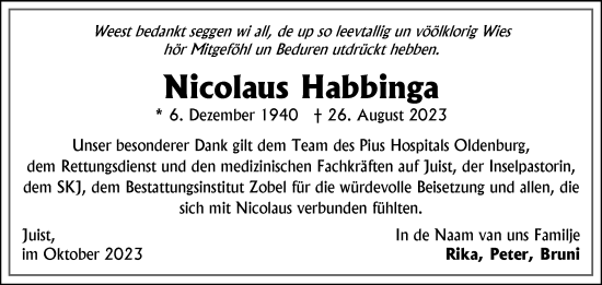 Traueranzeige von Nicolaus Habbinga von Ostfriesischer Kurier GmbH