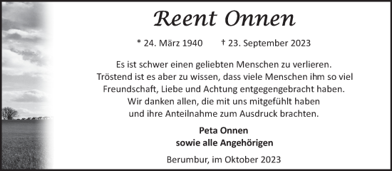 Traueranzeige von Reent Onnen von Ostfriesischer Kurier GmbH
