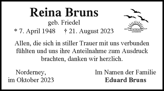 Traueranzeige von Reina Bruns von Ostfriesischer Kurier GmbH