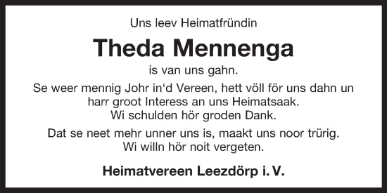 Traueranzeige von Theda Mennenga von Ostfriesischer Kurier GmbH