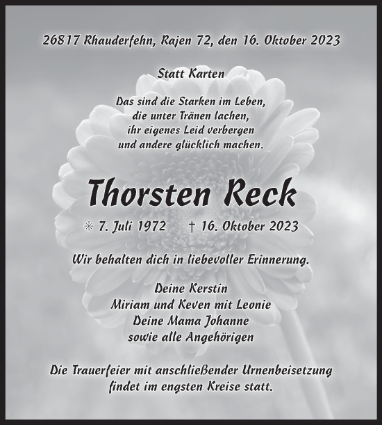 Traueranzeige von Thorsten Reck von Ostfriesischer Kurier GmbH