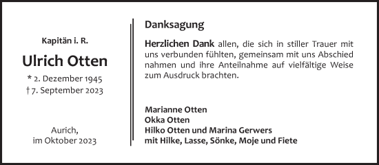 Traueranzeige von Ulrich Otten von Ostfriesischer Kurier GmbH