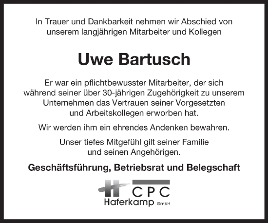 Traueranzeige von Uwe Bartusch von Ostfriesischer Kurier GmbH