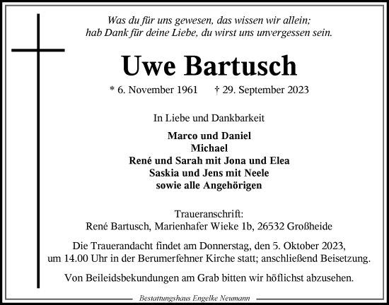 Traueranzeige von Uwe Bartusch von Ostfriesischer Kurier GmbH