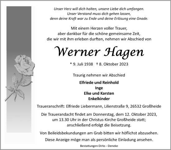 Traueranzeige von Werner Hagen von Ostfriesischer Kurier GmbH