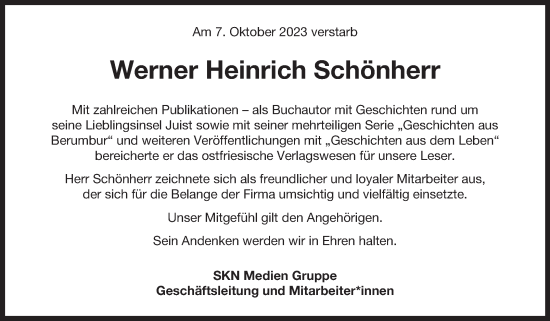 Traueranzeige von Werner Heinrich Schönherr von Ostfriesischer Kurier GmbH