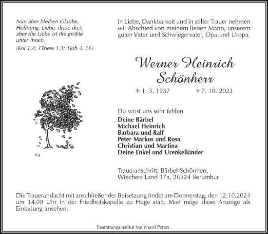 Traueranzeige von Werner Heinrich Schönherr von Ostfriesischer Kurier GmbH