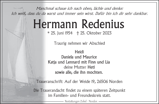 Traueranzeige von Hermann Redenius von Ostfriesischer Kurier GmbH