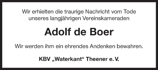Traueranzeige von Adolf de Boer von Ostfriesischer Kurier GmbH