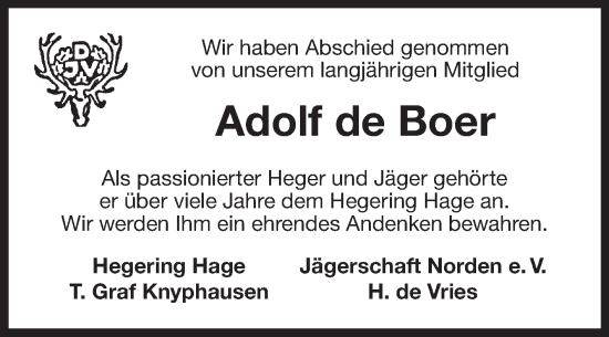 Traueranzeige von Adolf de Boer von Ostfriesischer Kurier GmbH