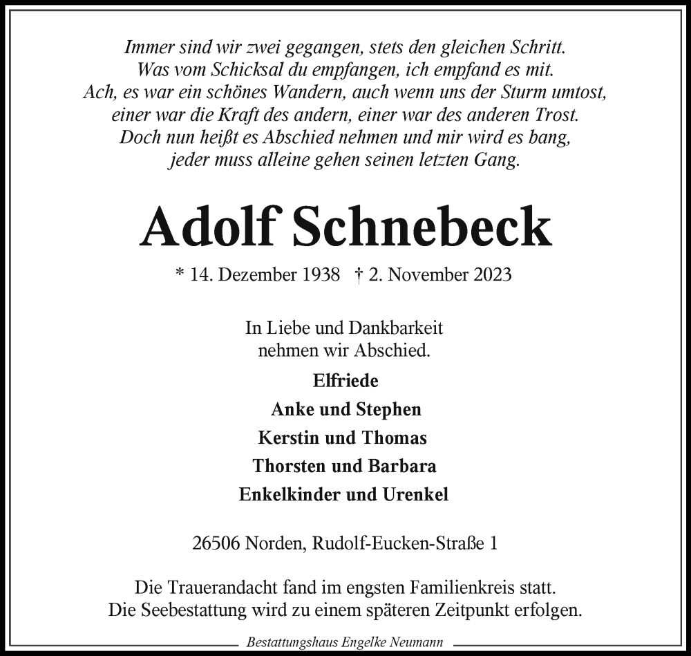  Traueranzeige für Adolf Schnebeck vom 11.11.2023 aus Ostfriesischer Kurier GmbH