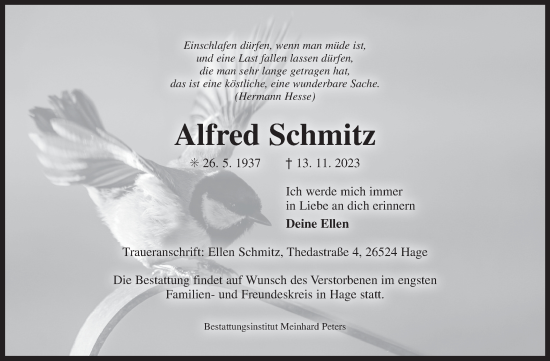 Traueranzeige von Alfred Schmitz von Ostfriesischer Kurier GmbH