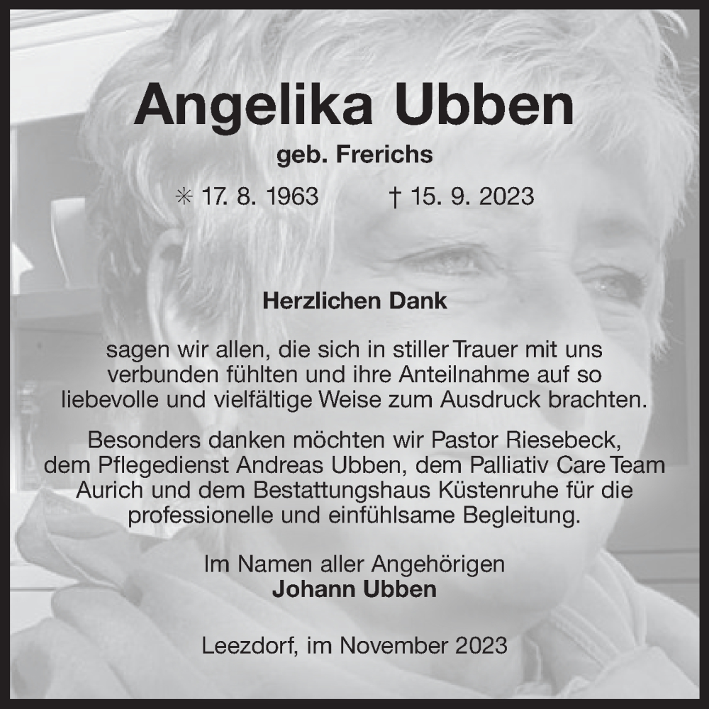  Traueranzeige für Angelika Ubben vom 11.11.2023 aus Ostfriesischer Kurier GmbH