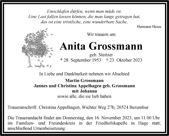 Traueranzeige von Anita Grossmann von Ostfriesischer Kurier GmbH