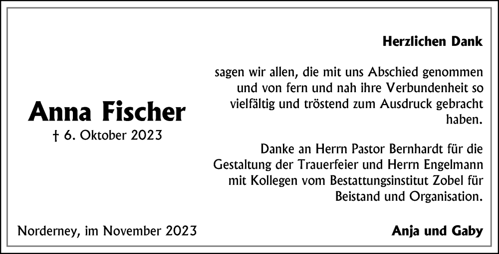  Traueranzeige für Anna Fischer vom 29.11.2023 aus Ostfriesischer Kurier GmbH