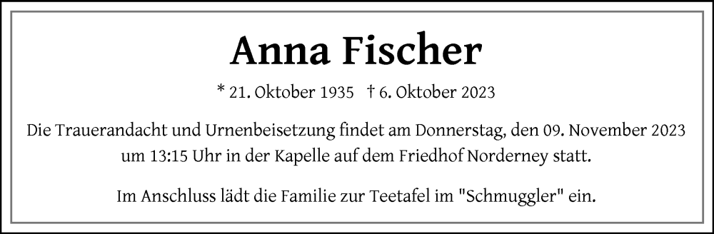  Traueranzeige für Anna Fischer vom 04.11.2023 aus Ostfriesischer Kurier GmbH