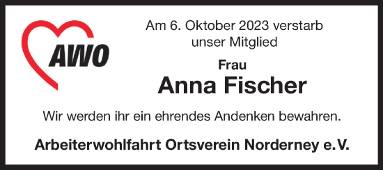 Traueranzeige von Anna Fischer von Ostfriesischer Kurier GmbH