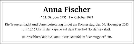 Traueranzeige von Anna Fischer von Ostfriesischer Kurier GmbH