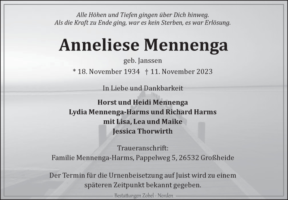  Traueranzeige für Anneliese Mennenga vom 15.11.2023 aus Ostfriesischer Kurier GmbH