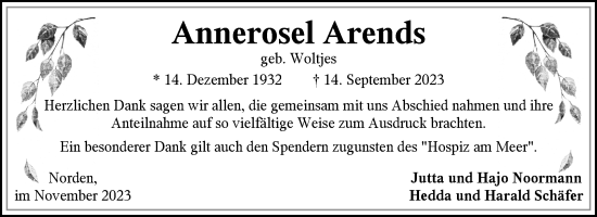 Traueranzeige von Annerosel Arends von Ostfriesischer Kurier GmbH