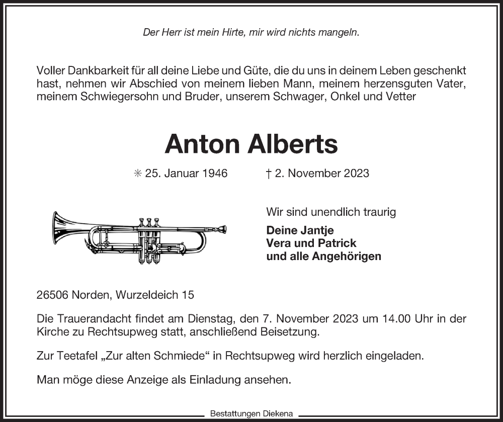  Traueranzeige für Anton Alberts vom 04.11.2023 aus Ostfriesischer Kurier GmbH