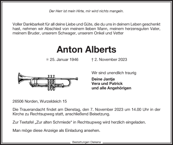 Traueranzeige von Anton Alberts von Ostfriesischer Kurier GmbH