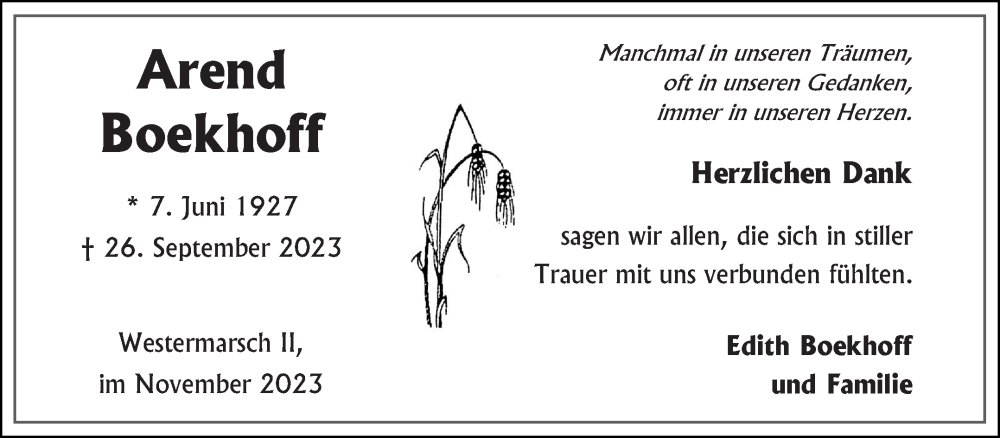  Traueranzeige für Arend Boekhoff vom 11.11.2023 aus Ostfriesischer Kurier GmbH