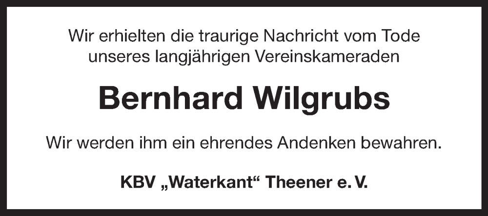  Traueranzeige für Bernhard Wilgrubs vom 01.11.2023 aus Ostfriesischer Kurier GmbH