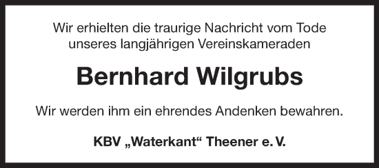 Traueranzeige von Bernhard Wilgrubs von Ostfriesischer Kurier GmbH