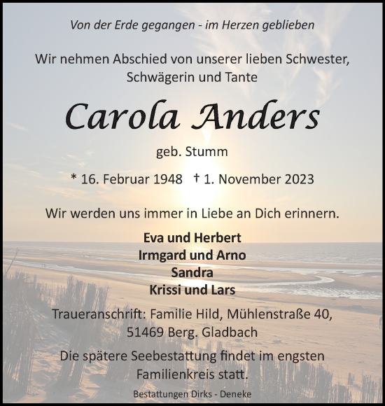 Traueranzeige von Carola Anders von Ostfriesischer Kurier GmbH