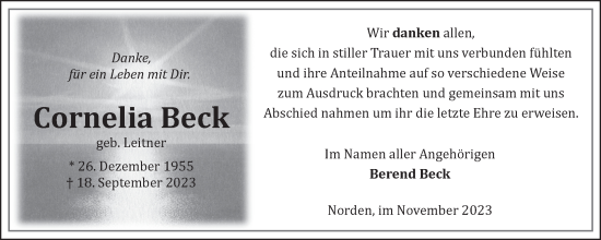 Traueranzeige von Cornelia Beck von Ostfriesischer Kurier GmbH