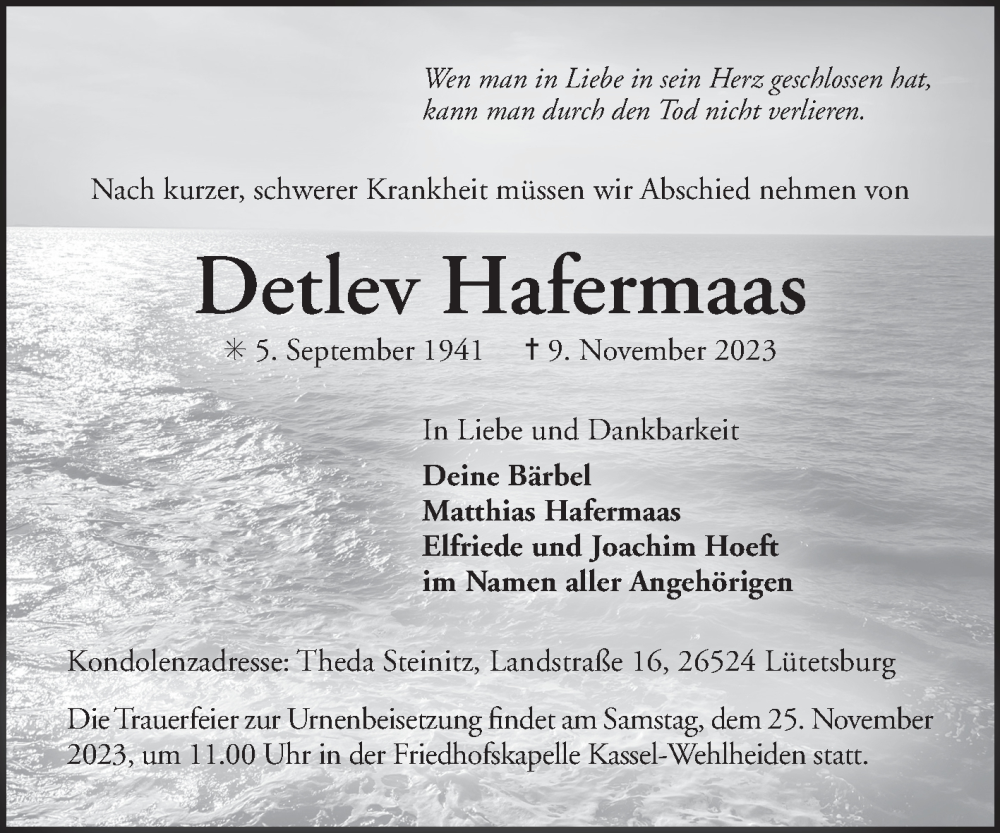  Traueranzeige für Detlev Hafermaas vom 17.11.2023 aus Ostfriesischer Kurier GmbH
