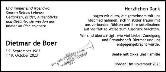 Traueranzeige von Dietmar de Boer von Ostfriesischer Kurier GmbH