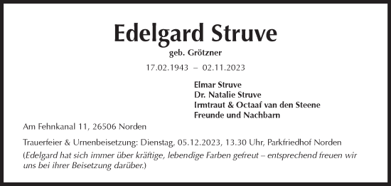 Traueranzeige von Edelgard Struve von Ostfriesischer Kurier GmbH