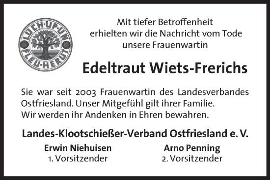 Traueranzeige von Edeltraut Wiets-Frerichs von Ostfriesischer Kurier GmbH