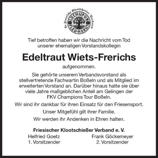 Traueranzeige von Edeltraut Wiets-Frerichs von Ostfriesischer Kurier GmbH