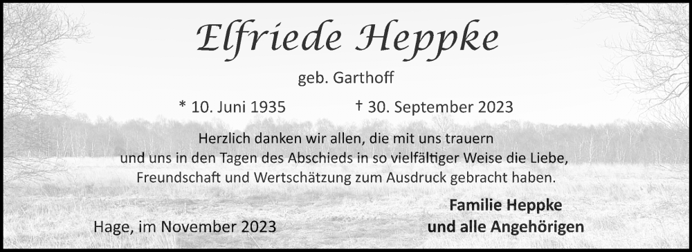  Traueranzeige für Elfriede Heppke vom 04.11.2023 aus Ostfriesischer Kurier GmbH