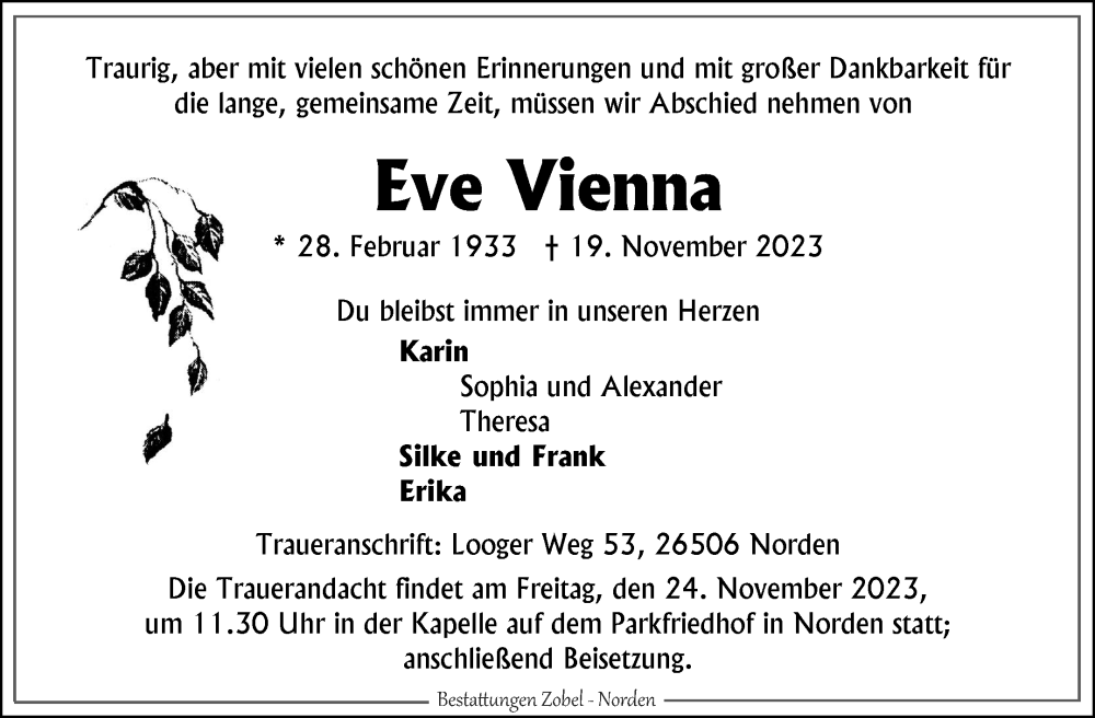  Traueranzeige für Eve Vienna vom 22.11.2023 aus Ostfriesischer Kurier GmbH