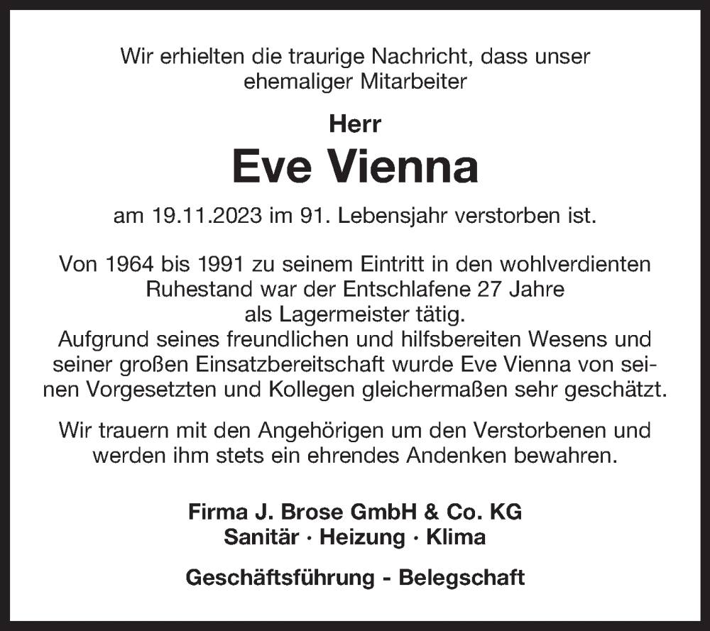  Traueranzeige für Eve Vienna vom 24.11.2023 aus Ostfriesischer Kurier GmbH
