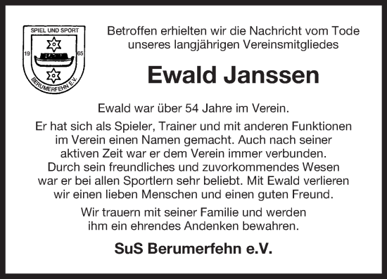 Traueranzeige von Ewald Janssen von Ostfriesischer Kurier GmbH