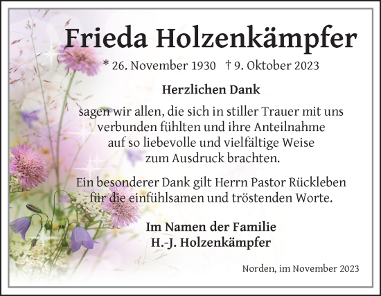 Traueranzeige von Frieda Holzenkämpfer von Ostfriesischer Kurier GmbH