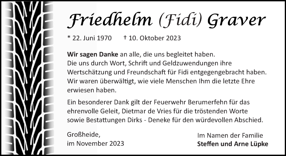  Traueranzeige für Friedhelm Graver vom 11.11.2023 aus Ostfriesischer Kurier GmbH