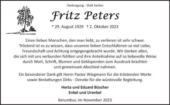 Traueranzeige von Fritz Peters von Ostfriesischer Kurier GmbH