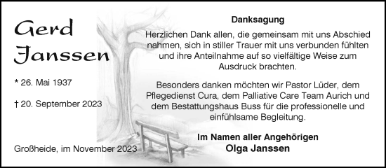 Traueranzeige von Gerd Janssen von Ostfriesischer Kurier GmbH