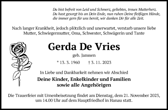 Traueranzeige von Gerda De Vries von Ostfriesischer Kurier GmbH