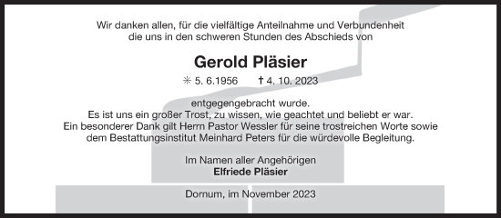Traueranzeige von Gerold Pläsier von Ostfriesischer Kurier GmbH