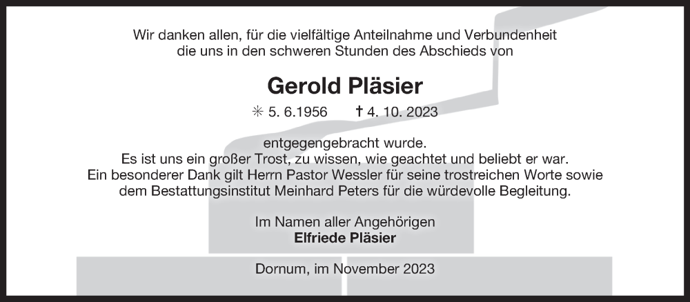  Traueranzeige für Gerold Pläsier vom 18.11.2023 aus Ostfriesischer Kurier GmbH
